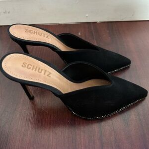 Schutz Crystal-Trim Mules Heliconia Black Pointed Toe Heels